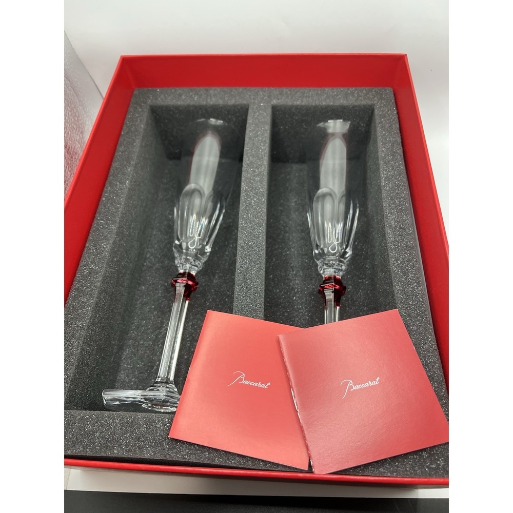 Baccarat Eve Harcourt Champagne Flute Red  Crystal 2 PCs W/Box